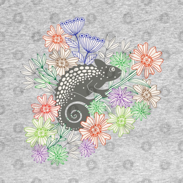 CHAMELEONS JUST WANNA HAVE FUN Cute Reptile Lizard with Rainforest Jungle Flowers in Retro Gray - UnBlink Studio by Jackie Tahara by UnBlink Studio by Jackie Tahara